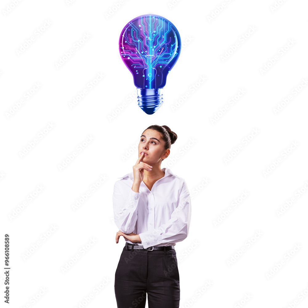 Poster thoughtful woman in business attire with an ai circuit light bulb above her head on a white backgrou