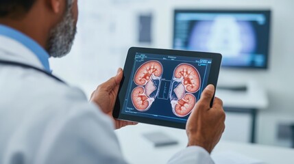 Doctor and patient discussing kidney function test results on a tablet, [chronic kidney disease], [medical monitoring]