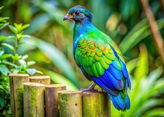 Obraz premium Vibrant green and blue plumage shines on the majestic guinea bird, perched on a rustic wooden fence post, surrounded by lush green foliage.
