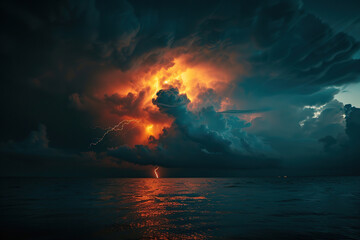 Generative ai on theme of scary bright electric lightning bolt with branches in the night dark sky