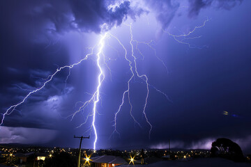 Generative ai on theme of scary bright electric lightning bolt with branches in the night dark sky