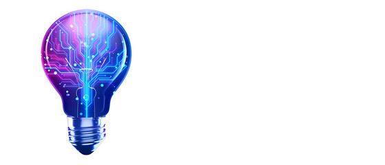Light bulb with neon blue circuit pattern on white background. Concept of technology, innovation,...