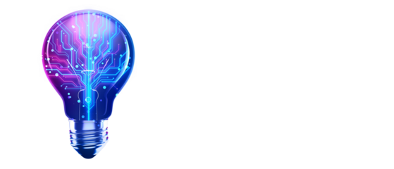 Light bulb with neon blue circuit pattern on white background. Concept of technology, innovation, and artificial intelligence. 3D Rendering