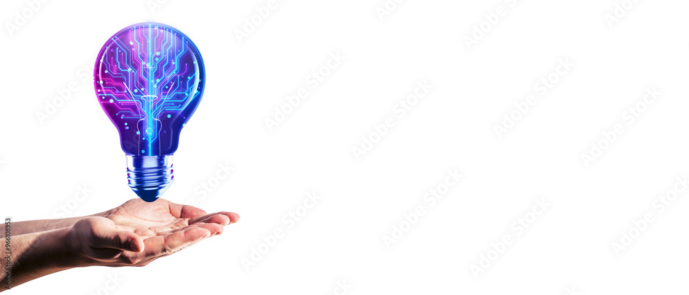 Poster hands holding a light bulb with a digital circuit inside on a white background. concept of technolog