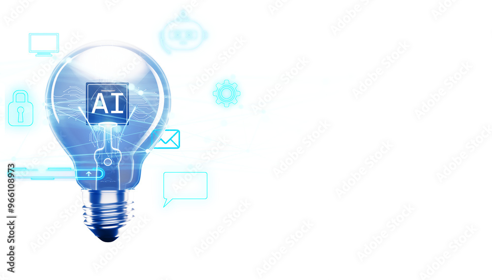 Poster Lightbulb with AI text inside, surrounded by digital icons and hologram elements, on a white background. Concept of technology and innovation. 3D Rendering