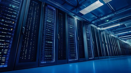 Rows of servers lit up in a data center.