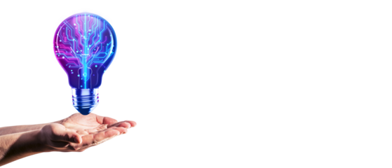 Hands holding a light bulb with a digital circuit inside on a white background. Concept of technology, innovation, and artificial intelligence