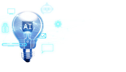 Lightbulb with AI text inside, surrounded by digital icons and hologram elements, on a white background. Concept of technology and innovation. 3D Rendering © Who is Danny