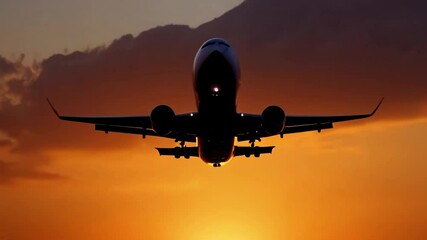 A commercial airplane takes off into the sunset, with a vibrant orange sky in the background. The scene evokes a sense of travel, adventure, and new beginnings as the plane ascends into the horizon.
