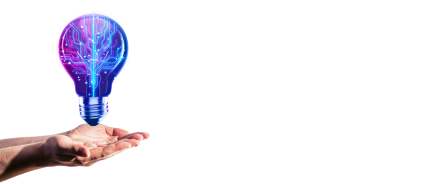 Hands holding a light bulb with a digital circuit inside on a white background. Concept of technology, innovation, and artificial intelligence