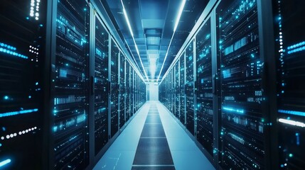 Blue illuminated server room hallway with glowing lights and digital data.