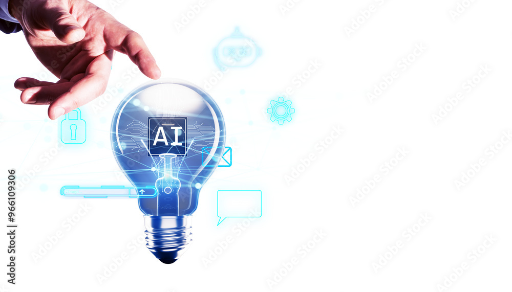 Poster hand reaching for a light bulb with ai text inside, surrounded by technology icons on a white backgr