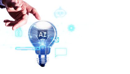 Hand reaching for a light bulb with AI text inside, surrounded by technology icons on a white background. Concept of artificial intelligence and innovation