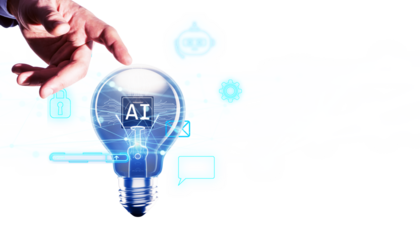 Hand reaching for a light bulb with AI text inside, surrounded by technology icons on a white background. Concept of artificial intelligence and innovation