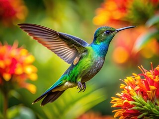 Fototapeta premium Vibrant Hummingbird With Iridescent Feathers Hovering Near Tropical Jamaican Flowers