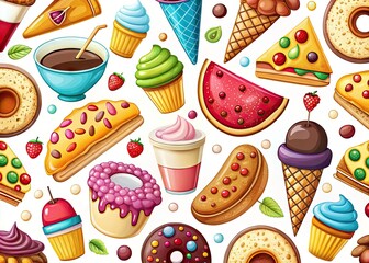 Vibrant illustration of assorted culinary icons, including a slice of pizza, ice cream cone, coffee cup, and donut, in bold colors on a white background.