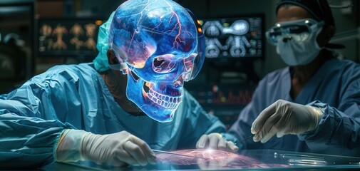 A photorealistic image of a surgeon performing a minimally invasive procedure using a holographic anatomy overlay.