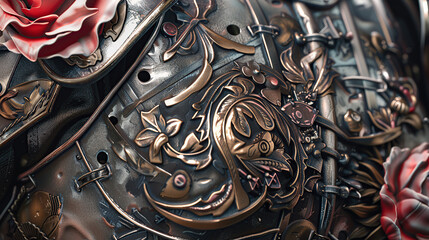 blue, rouse, red, silver, old, background, generative, ai, steampunk style, vintage, watch, peony, ancient, door, sculpture, art, architecture, statue, decoration, detail, antique, stone, carving, gol