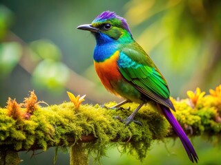 Obraz premium Vibrant iridescent plumage and distinctive umbrella-like crest adorn this exotic rainforest bird, perched on a moss-covered branch, showcasing its unique features in a lush green environment.