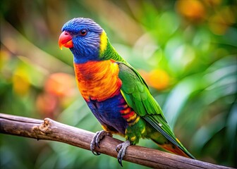 Obraz premium Vibrant lorikeet bird perches on a branch, showcasing its bright plumage with hues of green, blue, and orange, against a blurred natural background.