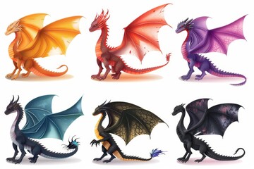 Dragons icon set, dino symbols, 3d realistic dinosaurs isolated, monster animals