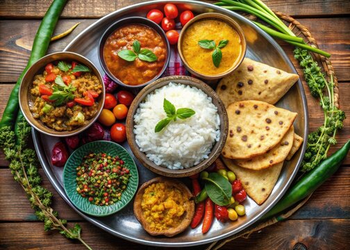 Vibrant Nepalese Thakali cuisine spread featuring steaming dal, fragrant rice, crispy sel roti, and flavorful vegetables, garnished with fresh cilantro and served on a colorful platter.