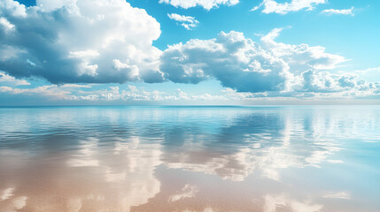 Bright beautiful seascape, sandy beach, clouds reflected in the water, natural minimalistic background and texture Bright beautiful seascape sandy beach clouds reflect, Generative AI