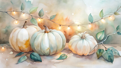 Three white pumpkins adorned with glowing fairy lights and leaves in a soft watercolor style