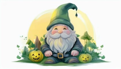 Naklejka premium Cheerful gnome sitting among pumpkins, perfect for Halloween-themed designs and seasonal illustrations.