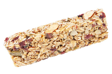 Granola bar cereal superfood energy nuts with berries isolated on white background