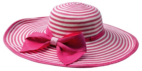 Vibrant pink and white striped beach hat with floppy brim and chic ribbon tie, isolated on a transparent background, perfect for summer-themed designs.