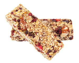 Granola bar cereal superfood energy nuts with berries isolated on white background