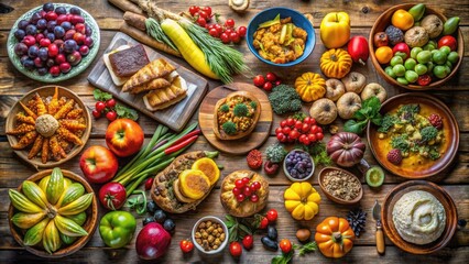 Fototapeta premium Vibrant Spread Of Colorful Dishes, Fruits, Vegetables, And Baked Goods Arranged On A Wooden Table In A Rustic Setting