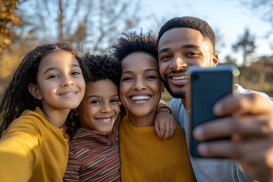 A joyful multicultural family taking a selfie together, smiling brightly