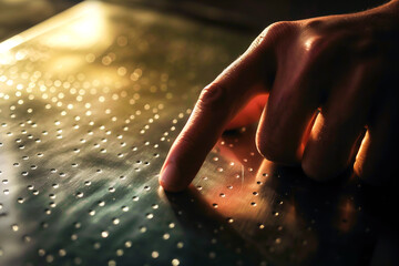 Hands of a visually impaired person reading a Braille book, with their fingers gently gliding over the raised dots on the page.