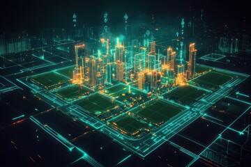 A futuristic digital rendering of an urban city plan, featuring advanced technology, sustainable infrastructure, and innovative architecture. Suitable for urban planning, technology