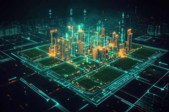 A futuristic digital rendering of an urban city plan, featuring advanced technology, sustainable infrastructure, and innovative architecture. Suitable for urban planning, technology - Powered by Adobe
