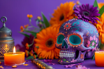 Fototapeta premium Beautiful greeting card with bright holiday composition for happy to joy celebrate dia de muertos
