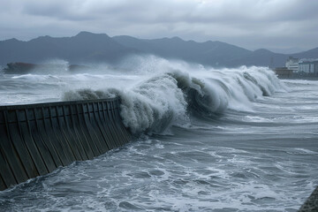 Generative ai on theme of a scary tsunami with huge foamy wave, apocalyptic dramatic background