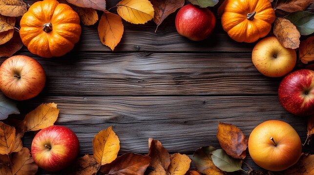 Autumn apples and pumpkins on a wooden background with colorful leaves.