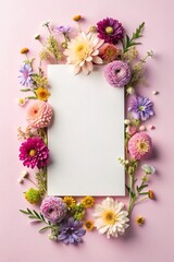 Beautiful Vertical Top View of a Blank Card Surrounded by Colorful Flowers for Creative Projects