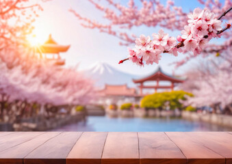 Wooden Tabletop with Blurred Background of Cherry Blossoms, Japanese Temple and Mount Fuji.
