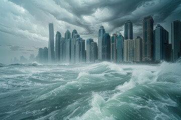 Generative ai on theme of a scary tsunami with huge foamy wave, apocalyptic dramatic background