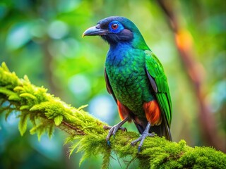 Fototapeta premium Vibrant umbrella bird perches on a lush green branch, its brightly colored plumage and delicate feathers glistening in the dappled rainforest light.