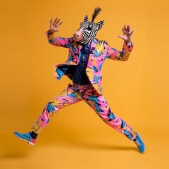 Fototapeta premium Freak in zebra mask dancing, masquerade, absurd carnival, having fun in costume party, weird mask head