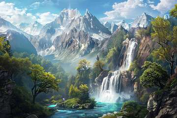 Fototapeta premium Generative ai on theme of beautiful majestic waterfall in natural nature, national park attraction