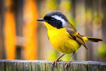 Obraz premium Vibrant yellow wren perches on a weathered wooden fence, its bright plumage and black accents contrasting with the muted rustic background tones.