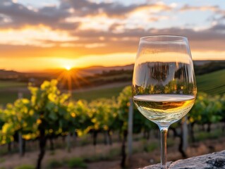 A glass of white wine against a beautiful sunset over a vineyard, capturing a tranquil moment in nature.