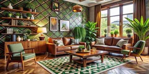 Vintage-inspired living room with bold geometric patterns, rich wood accents, and sleek retro-style furniture surrounded by lush greenery and eclectic decorative elements.
