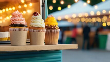 Night market dessert truck with glowing string lights, serving colorful cupcakes and pastries to a crowd, city nightlife energy
